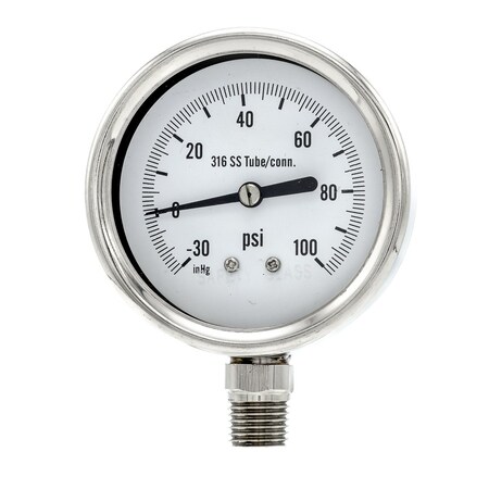 Pic Gauges 2 1/2 in Dial, 1/4 in NPT Male Lower Location, Stainless Steel Case Material PRO-311D-254CE